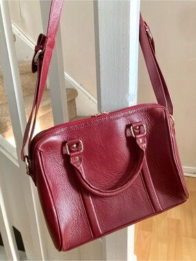 Red Crimson Burgundy Leather Double Handle Crossbody Strap Satchel Bag Purse